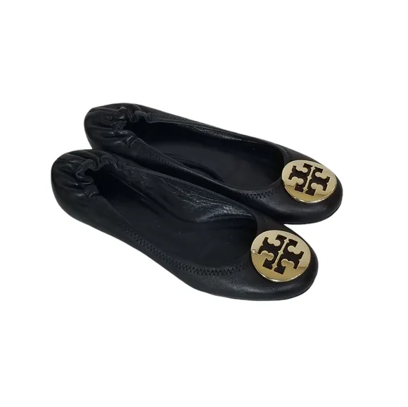Tory Burch Reva Black Leather Ballet Ballerina Flats Gold Hardware Size 7.5 M