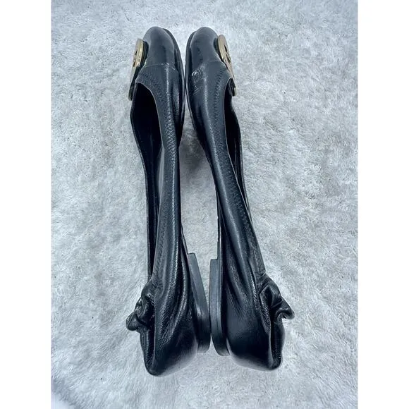 TORY BURCH Reva Black Leather Metal Medallion Logo Ballet Ballerina Flats Size 8