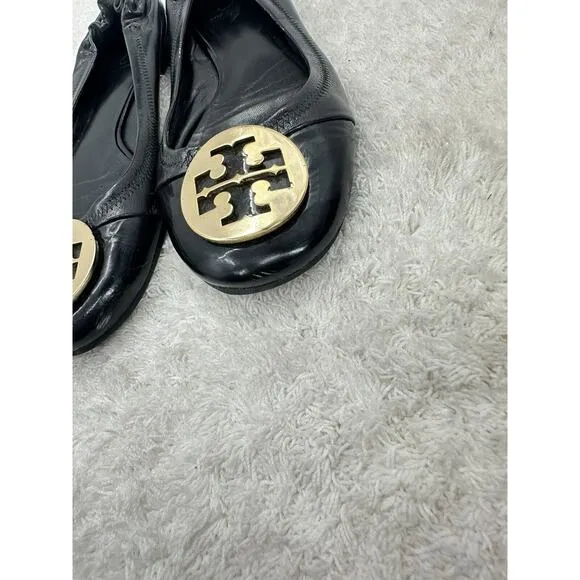 TORY BURCH Reva Black Leather Metal Medallion Logo Ballet Ballerina Flats Size 8