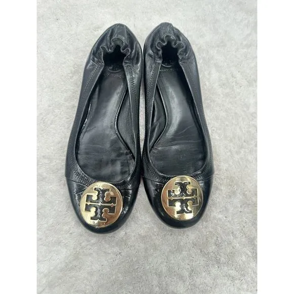 TORY BURCH Reva Black Leather Metal Medallion Logo Ballet Ballerina Flats Size 8