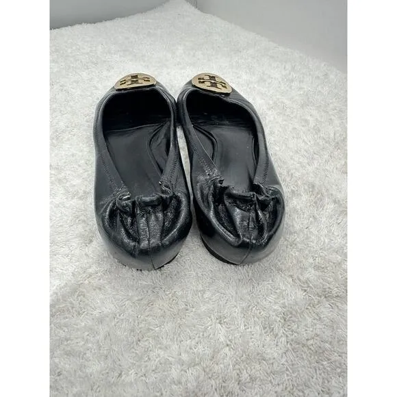TORY BURCH Reva Black Leather Metal Medallion Logo Ballet Ballerina Flats Size 8