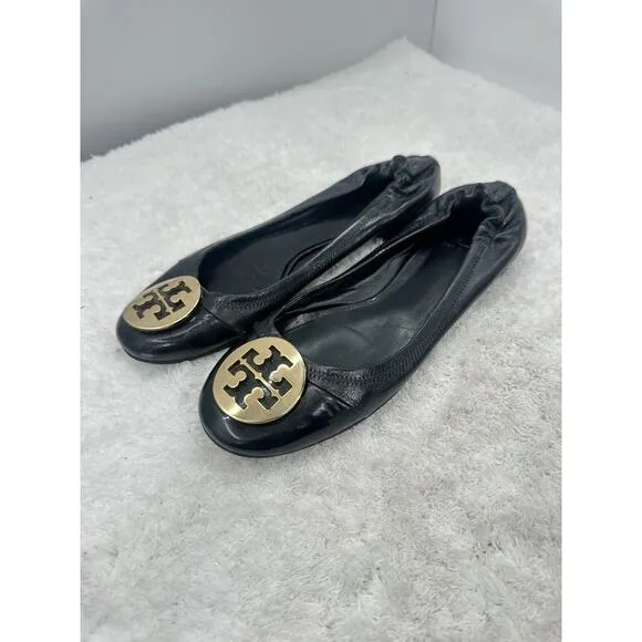 TORY BURCH Reva Black Leather Metal Medallion Logo Ballet Ballerina Flats Size 8