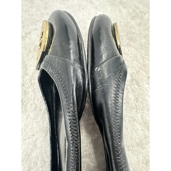 TORY BURCH Reva Black Leather Metal Medallion Logo Ballet Ballerina Flats Size 8