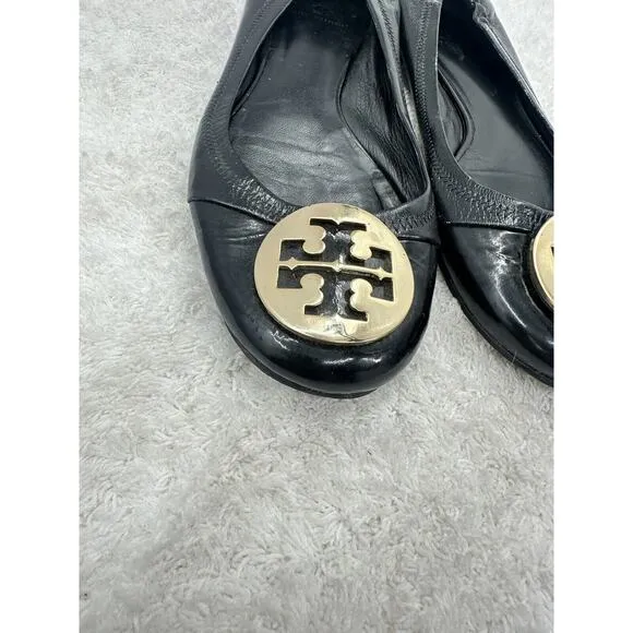 TORY BURCH Reva Black Leather Metal Medallion Logo Ballet Ballerina Flats Size 8