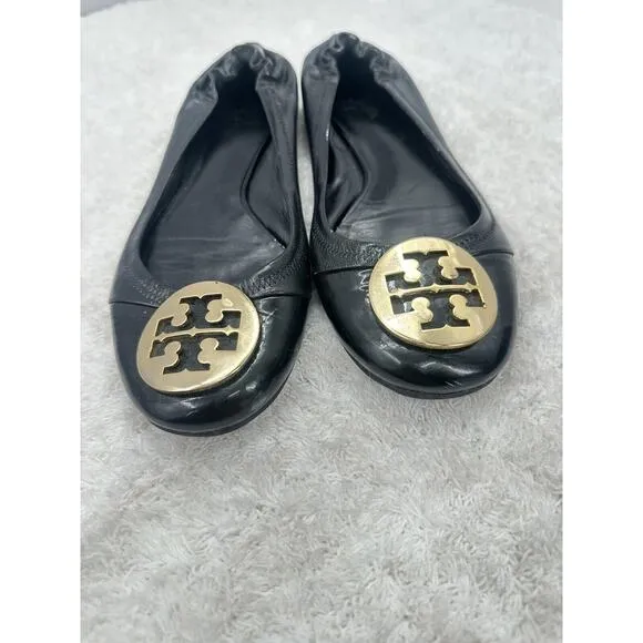 TORY BURCH Reva Black Leather Metal Medallion Logo Ballet Ballerina Flats Size 8