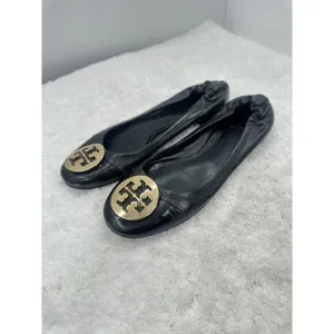 TORY BURCH Reva Black Leather Metal Medallion Logo Ballet Ballerina Flats Size 8