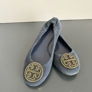 Tory Burch Reva Navy Blue Suede Leather Gold Ballet Slip Comfort Flats Size 6.5