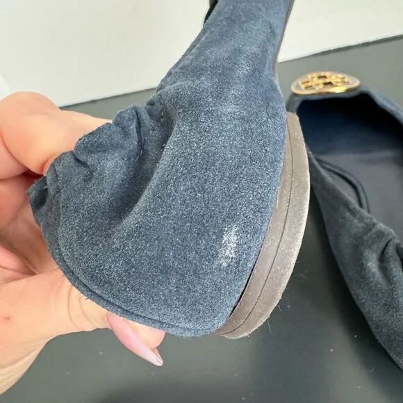 Tory Burch Reva Navy Blue Suede Leather Gold Ballet Slip Comfort Flats Size 6.5
