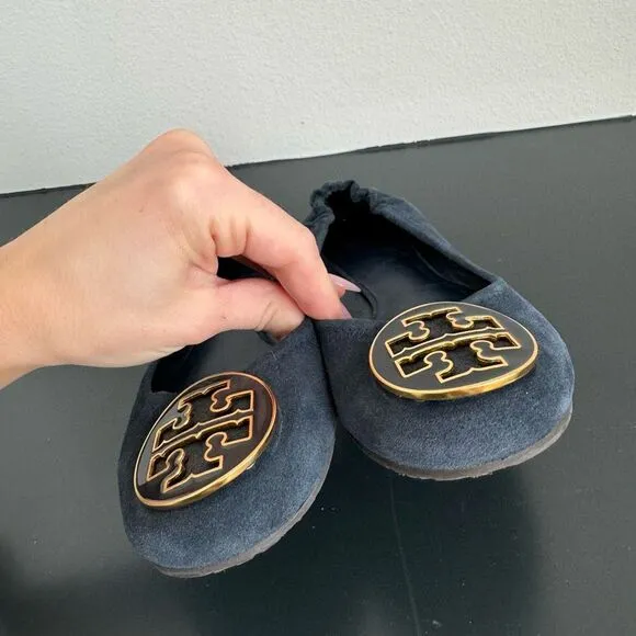 Tory Burch Reva Navy Blue Suede Leather Gold Ballet Slip Comfort Flats Size 6.5