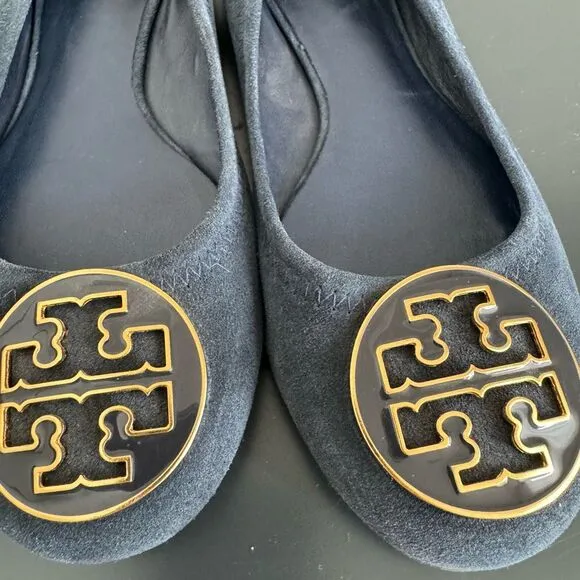 Tory Burch Reva Navy Blue Suede Leather Gold Ballet Slip Comfort Flats Size 6.5