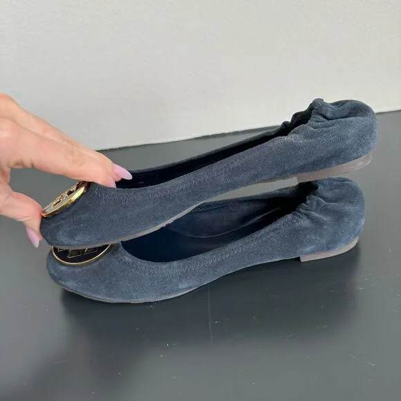 Tory Burch Reva Navy Blue Suede Leather Gold Ballet Slip Comfort Flats Size 6.5