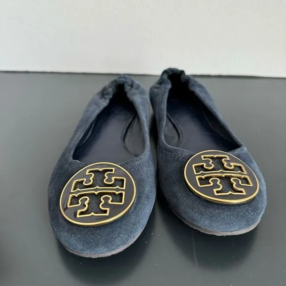 Tory Burch Reva Navy Blue Suede Leather Gold Ballet Slip Comfort Flats Size 6.5