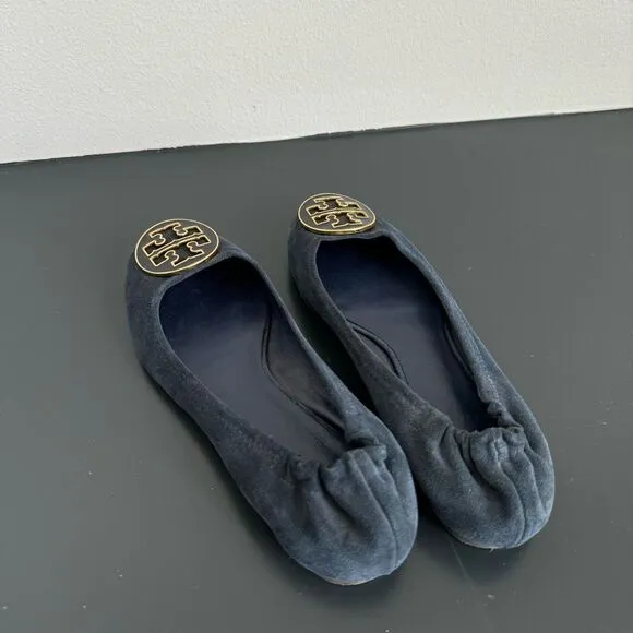 Tory Burch Reva Navy Blue Suede Leather Gold Ballet Slip Comfort Flats Size 6.5