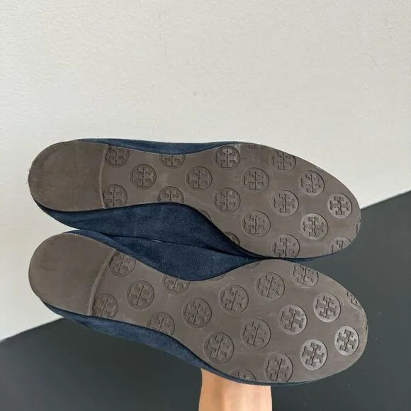Tory Burch Reva Navy Blue Suede Leather Gold Ballet Slip Comfort Flats Size 6.5