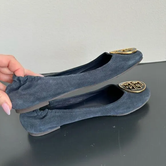 Tory Burch Reva Navy Blue Suede Leather Gold Ballet Slip Comfort Flats Size 6.5