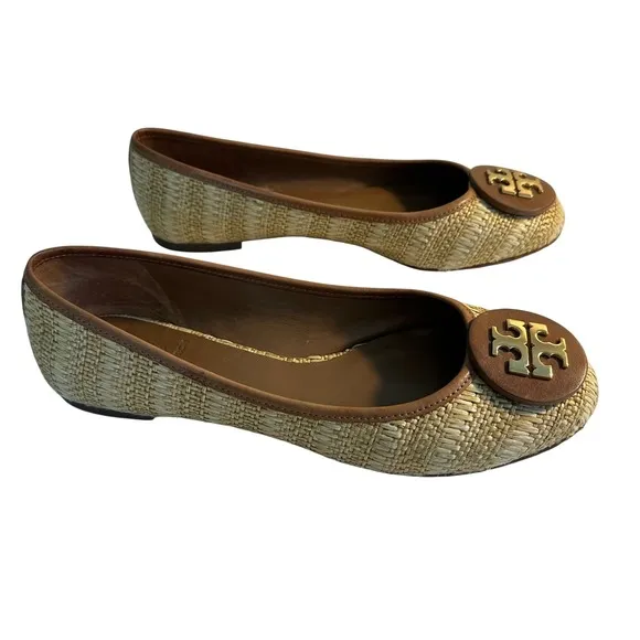Tory Burch Reva Woven Raffia Ballet Flats Size 8M Brown Medallion Logo Preppy