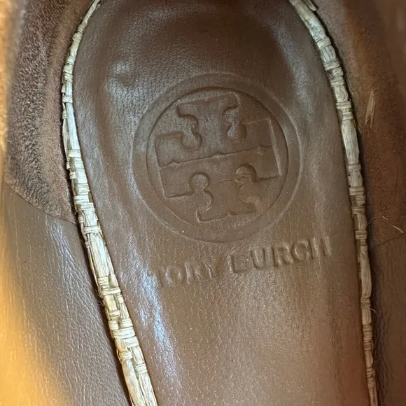Tory Burch Reva Woven Raffia Ballet Flats Size 8M Brown Medallion Logo Preppy