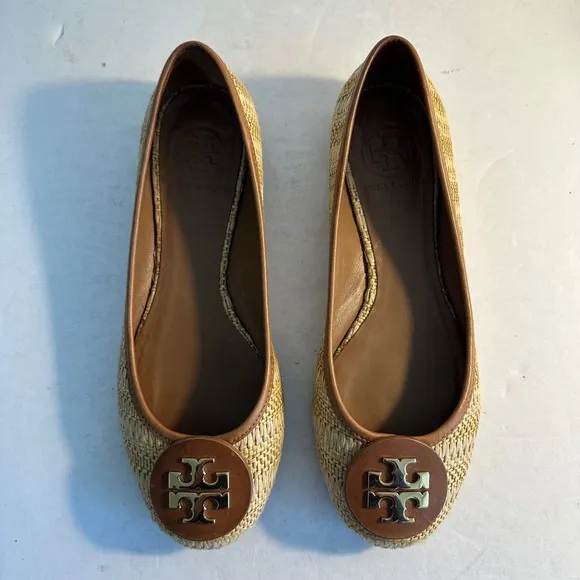 Tory Burch Reva Woven Raffia Ballet Flats Size 8M Brown Medallion Logo Preppy