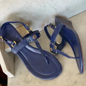 Tory Burch Robinson Demi Wedge Royal Blue Sandals Shoes With Gold Hardware 11M