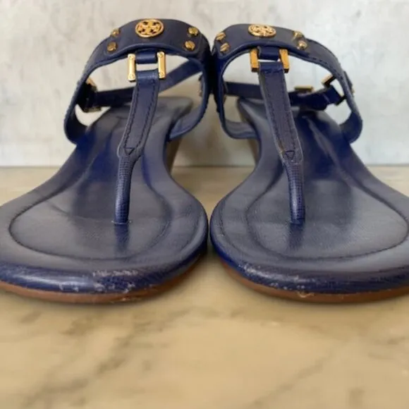 Tory Burch Robinson Demi Wedge Royal Blue Sandals Shoes With Gold Hardware 11M