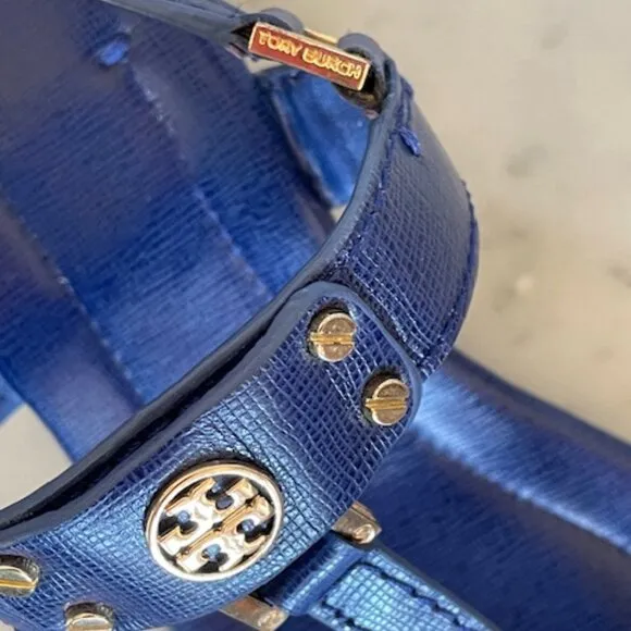 Tory Burch Robinson Demi Wedge Royal Blue Sandals Shoes With Gold Hardware 11M