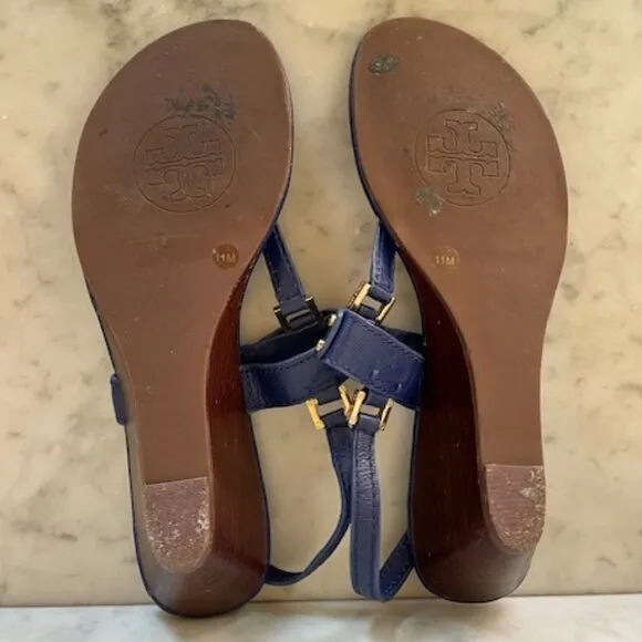Tory Burch Robinson Demi Wedge Royal Blue Sandals Shoes With Gold Hardware 11M