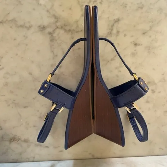 Tory Burch Robinson Demi Wedge Royal Blue Sandals Shoes With Gold Hardware 11M