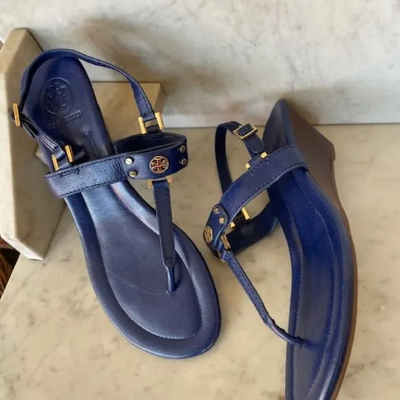 Tory Burch Robinson Demi Wedge Royal Blue Sandals Shoes With Gold Hardware 11M