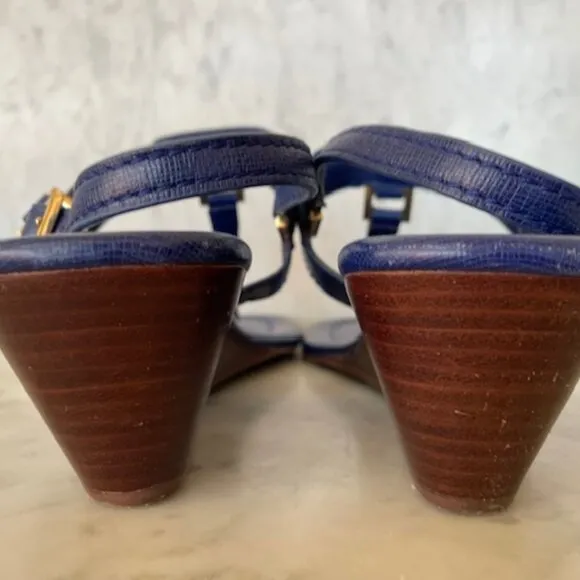 Tory Burch Robinson Demi Wedge Royal Blue Sandals Shoes With Gold Hardware 11M