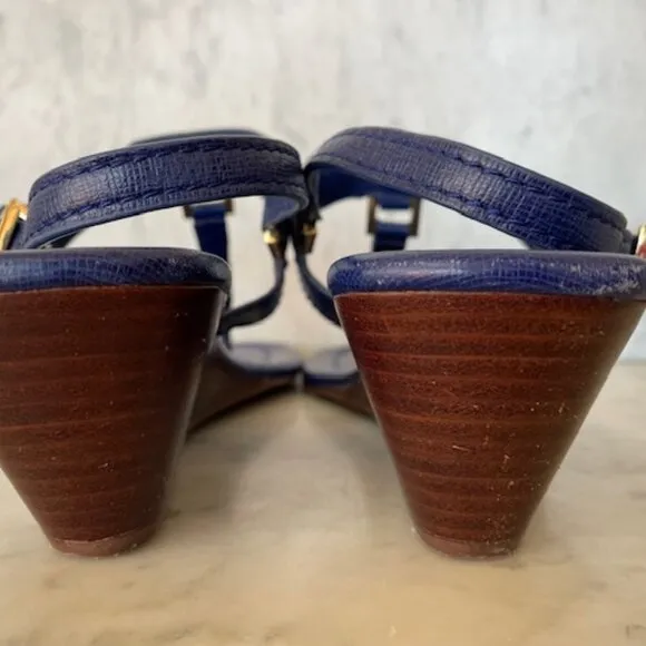 Tory Burch Robinson Demi Wedge Royal Blue Sandals Shoes With Gold Hardware 11M