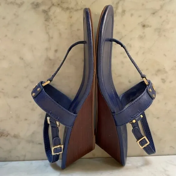 Tory Burch Robinson Demi Wedge Royal Blue Sandals Shoes With Gold Hardware 11M