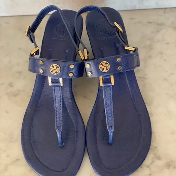 Tory Burch Robinson Demi Wedge Royal Blue Sandals Shoes With Gold Hardware 11M
