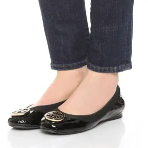 Tory Burch Size 6 Logo Black Caroline Patent Leather Workwear Flats