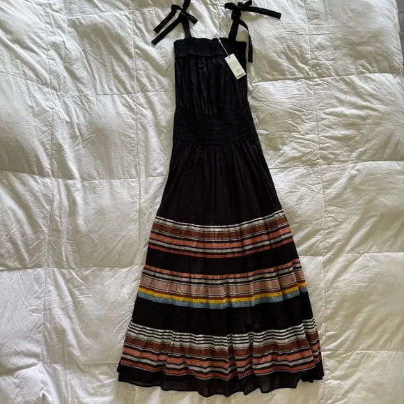 TORY BURCH Smocked sundress - black/webbing stripe - size XS