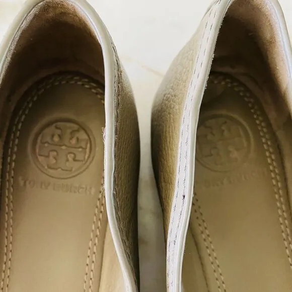 TORY BURCH Tan Gray Leather Ballerina Flats Large Logo - US 7.5
