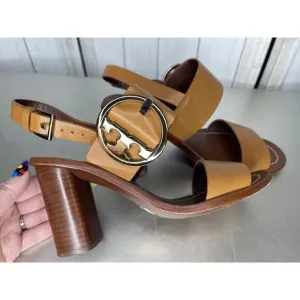 Tory Burch Thames Buckle Logo Tan Brown Ankle Strap Sandals Size 6.5 $325