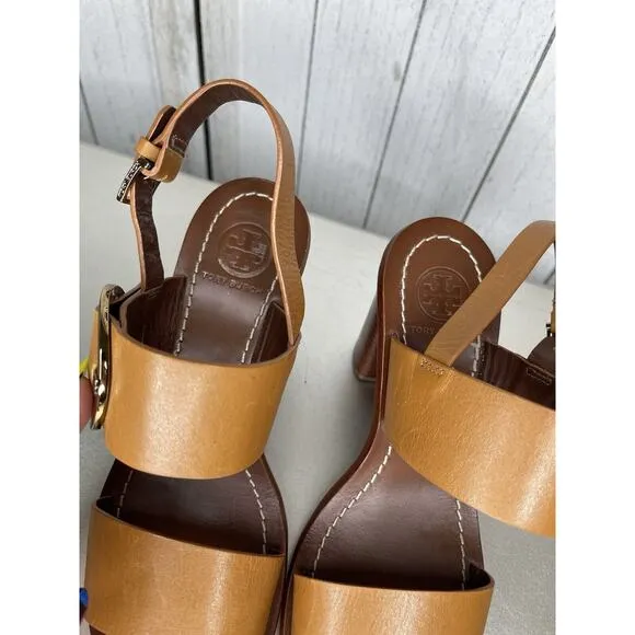 Tory Burch Thames Buckle Logo Tan Brown Ankle Strap Sandals Size 6.5 $325