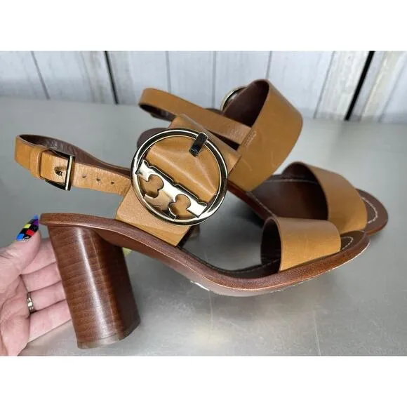 Tory Burch Thames Buckle Logo Tan Brown Ankle Strap Sandals Size 6.5 $325