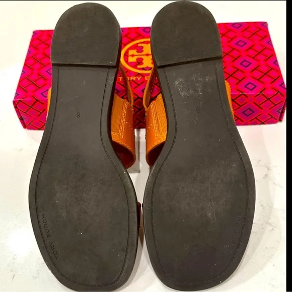 Tory Burch Vanchetta Leather Mini Everly Back StrapFlat Sandals Black Size 6