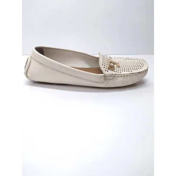 Tory Burch white leather flat loafers Size 5 driving moccasins logo