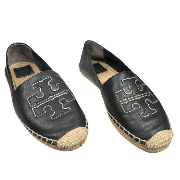 Tory Burch Women’s Ines Black Leather Slip On Espadrilles Size US 8