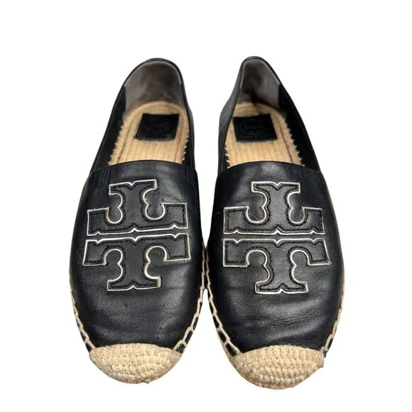 Tory Burch Women’s Ines Black Leather Slip On Espadrilles Size US 8