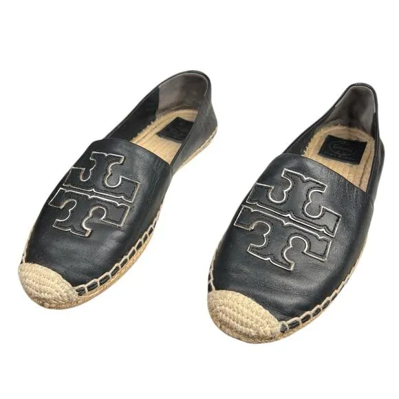 Tory Burch Women’s Ines Black Leather Slip On Espadrilles Size US 8