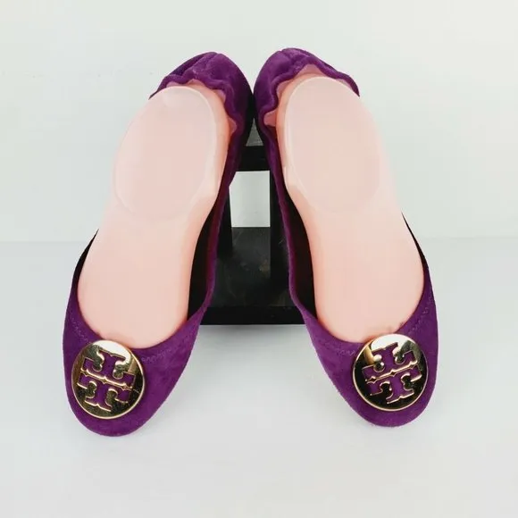 Tory Burch Women's Reva Slip On Ballet Flats Gold Logo Sz 7.5M NICE!