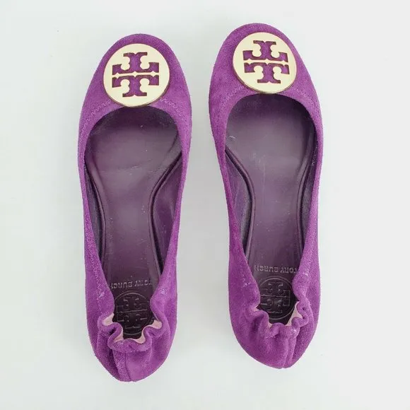 Tory Burch Women's Reva Slip On Ballet Flats Gold Logo Sz 7.5M NICE!