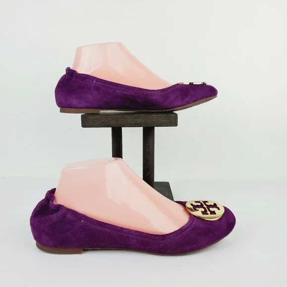 Tory Burch Women's Reva Slip On Ballet Flats Gold Logo Sz 7.5M NICE!