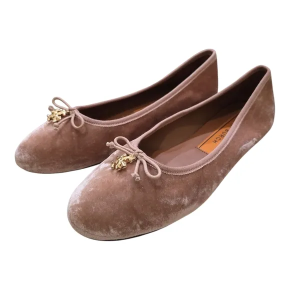 Tory Burch Women's Tory Charm Velvet Ballet Flats In Blush 8 Slip-on Bow on Vamp
