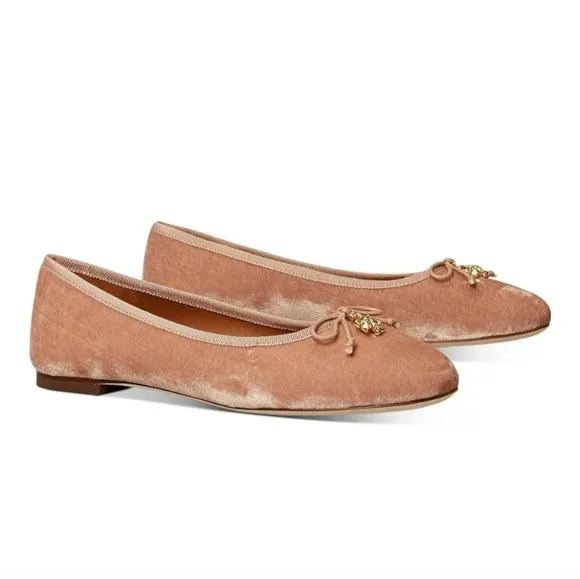 Tory Burch Women's Tory Charm Velvet Ballet Flats In Blush 8 Slip-on Bow on Vamp