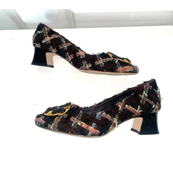 Tory Burch Women’s Tweed Square Toe Logo Pumps size 7.5 NWT Old Money
