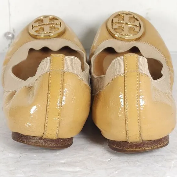 TORY BURCH Women's Caroline 2 US 8M Tan Leather Logo Slip On Ballet Flats